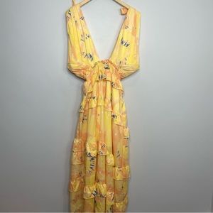 Queenia Deep V Plunge Tiered Maxi Dress Yellow Floral NWT